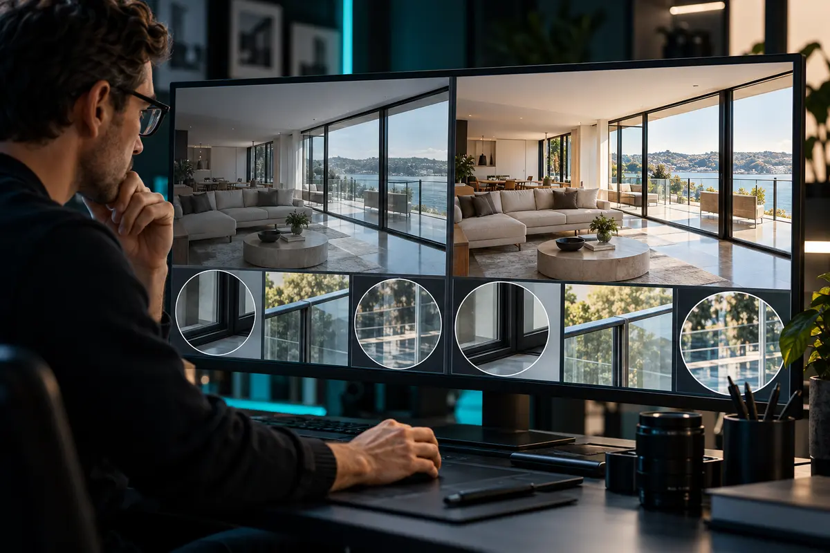 Human reviewer comparing an AI-assisted property photo edit with its original capture