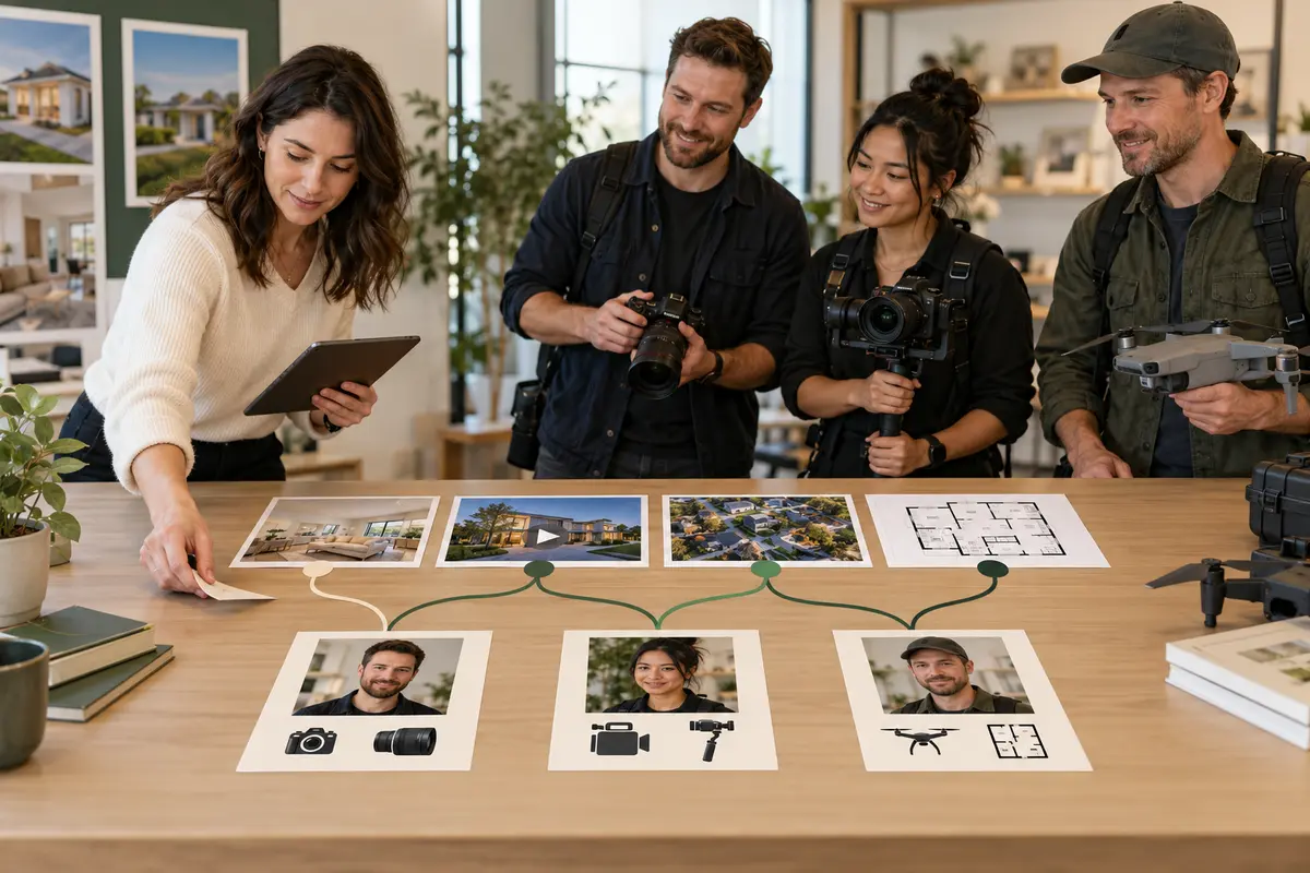Coordinator matching property services with photographers and their camera equipment