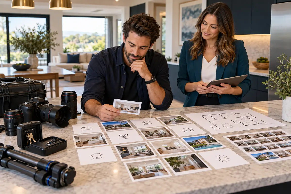 Property photographer reviewing a complete shoot brief beside camera equipment