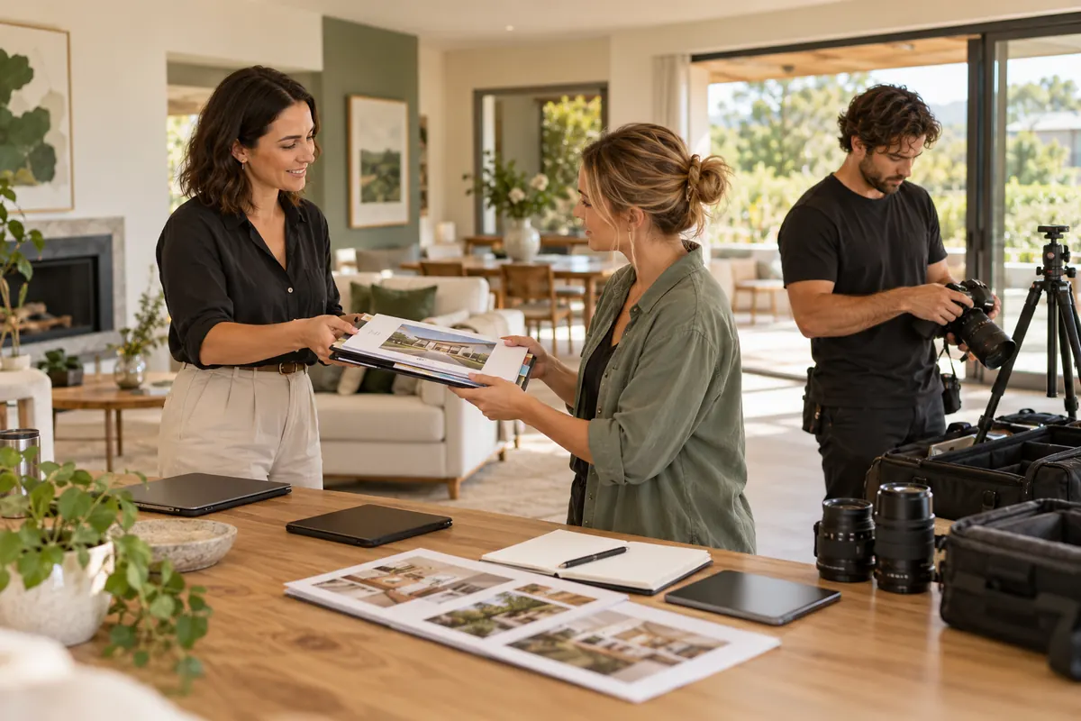 Studio owner handing an organized property shoot brief to a coordinator