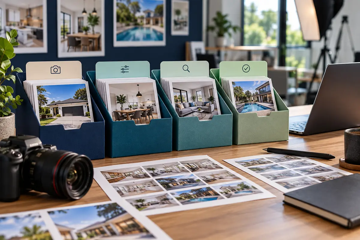 Property photo team organizing source, review and approved image folders in a shared workspace