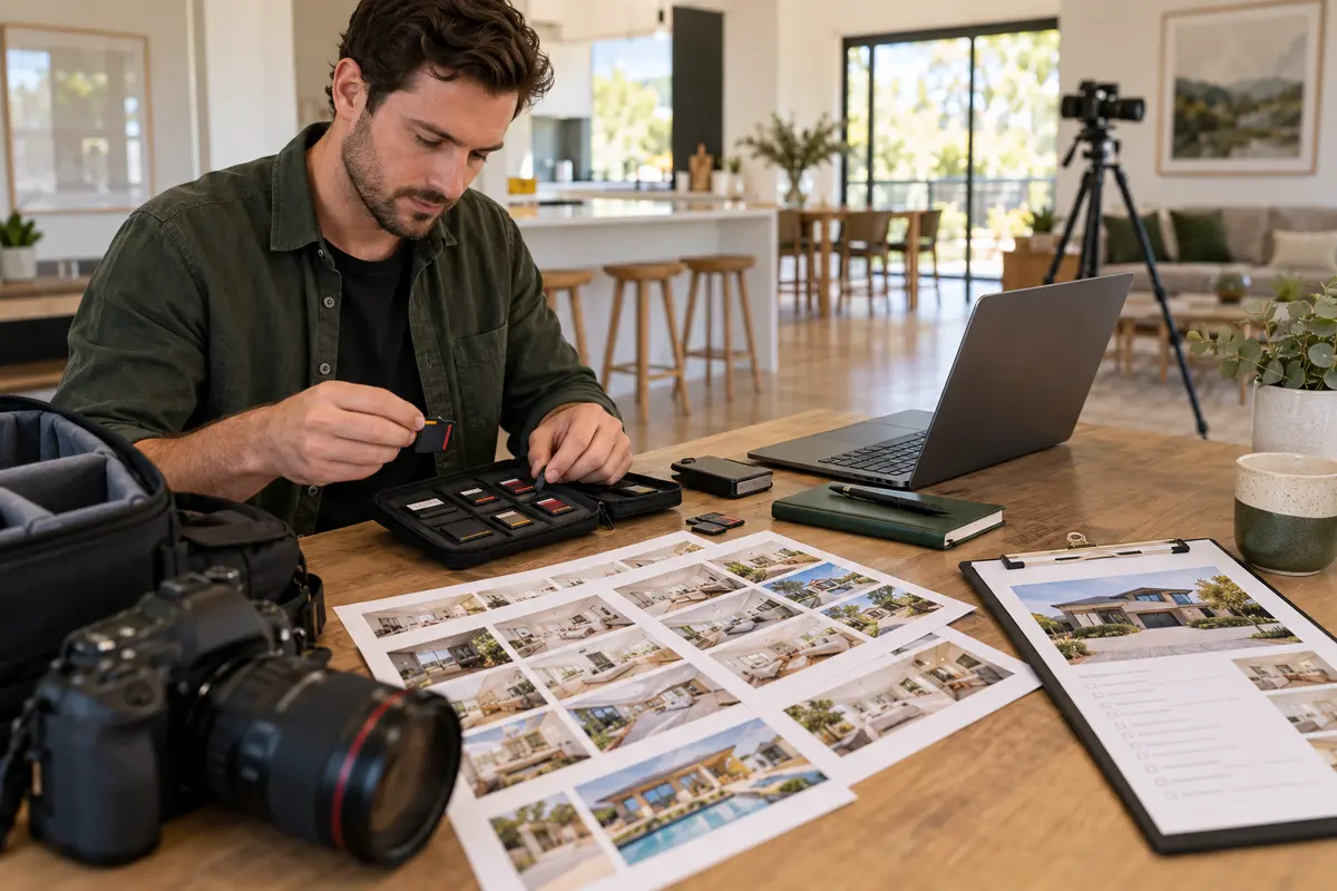 Photographer preparing memory cards, contact sheets and a job brief for a property photo editor