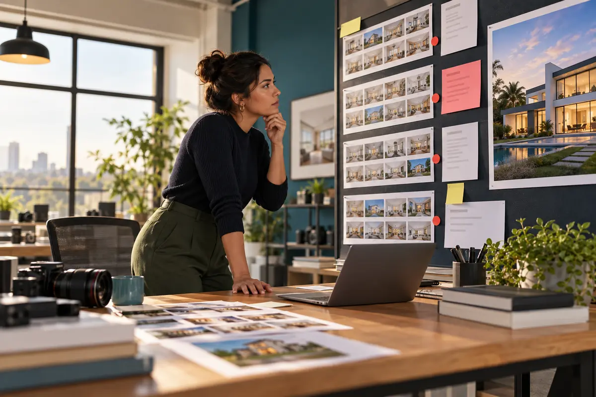 Production coordinator reviewing overdue property photo edits and handoff times on a studio board