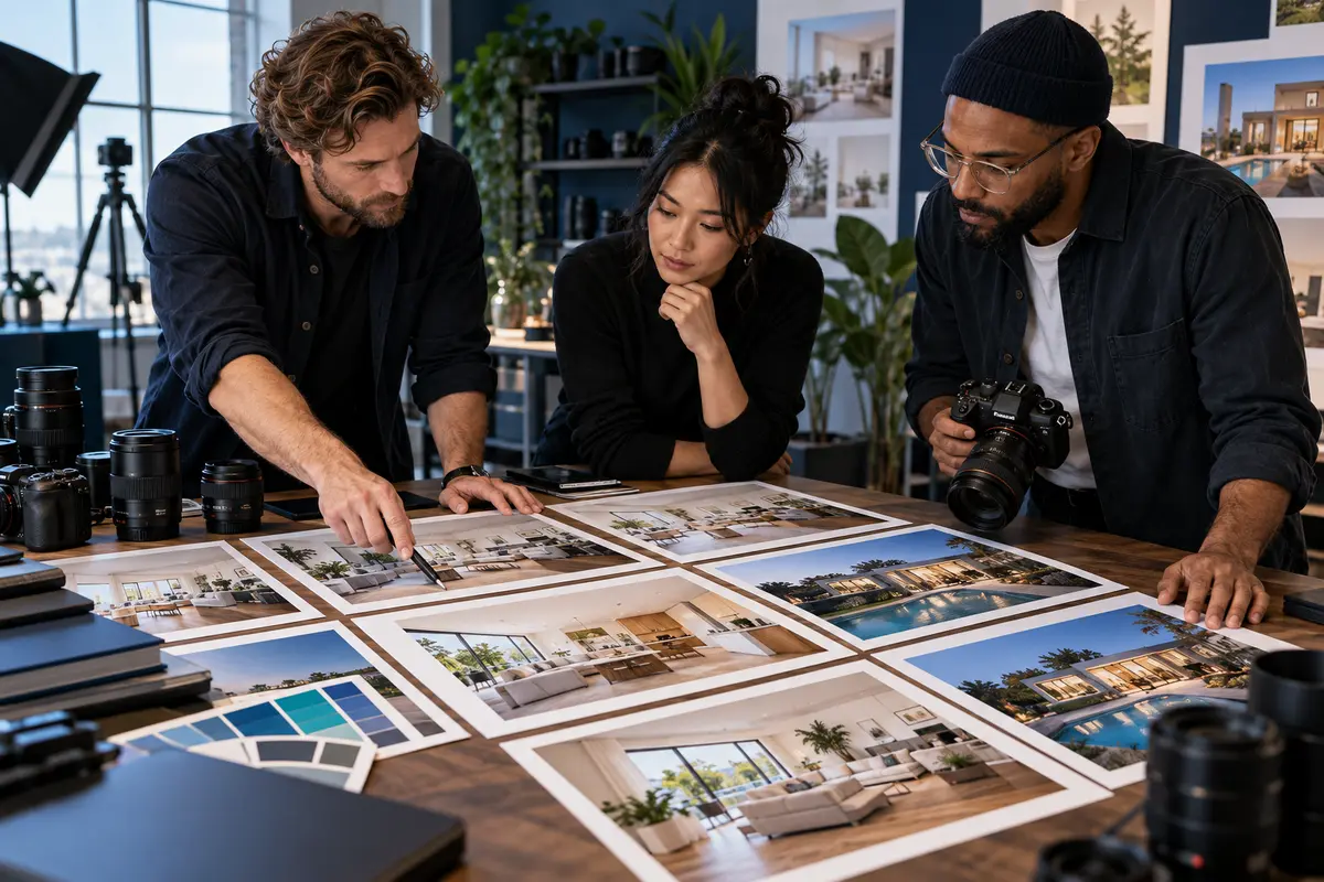 Team of property photographers calibrating camera work against shared quality references
