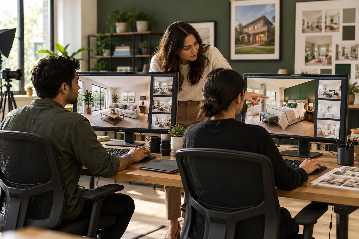 Editors reviewing separate property photo sets in a studio