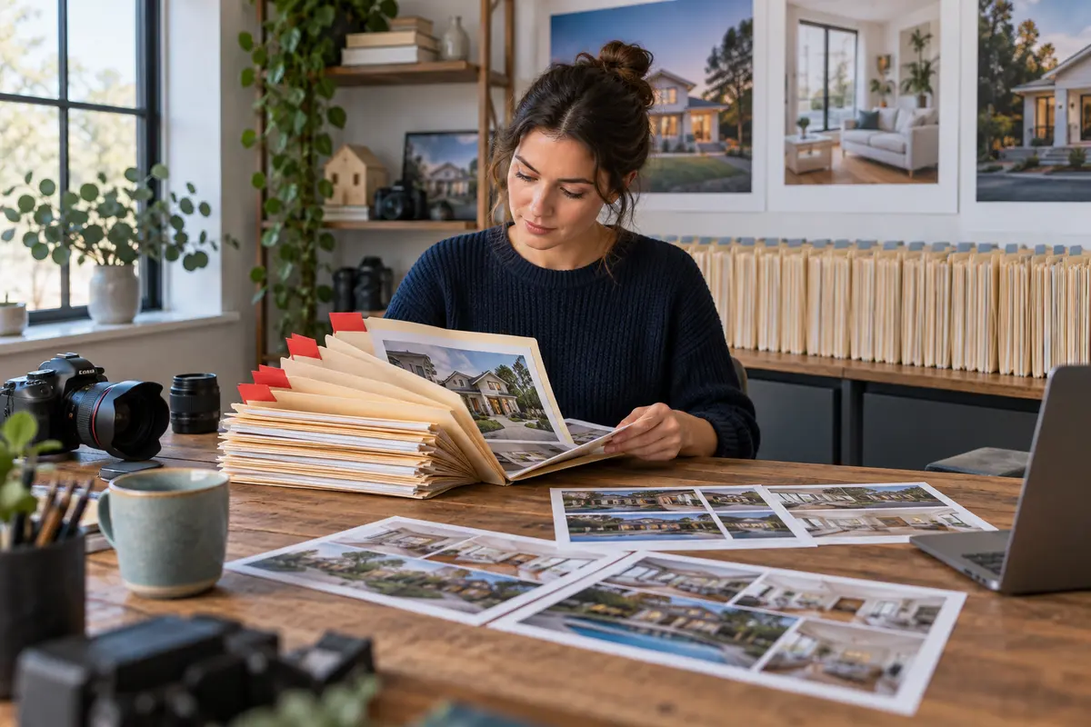 Operations coordinator reviewing flagged property-media jobs while routine jobs continue