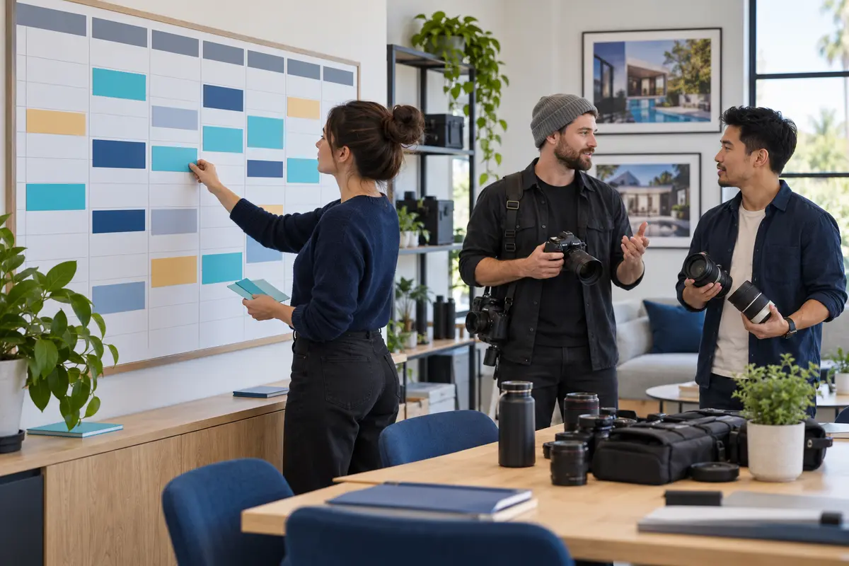 Scheduling coordinator reviewing photographer working windows and property shoot assignments