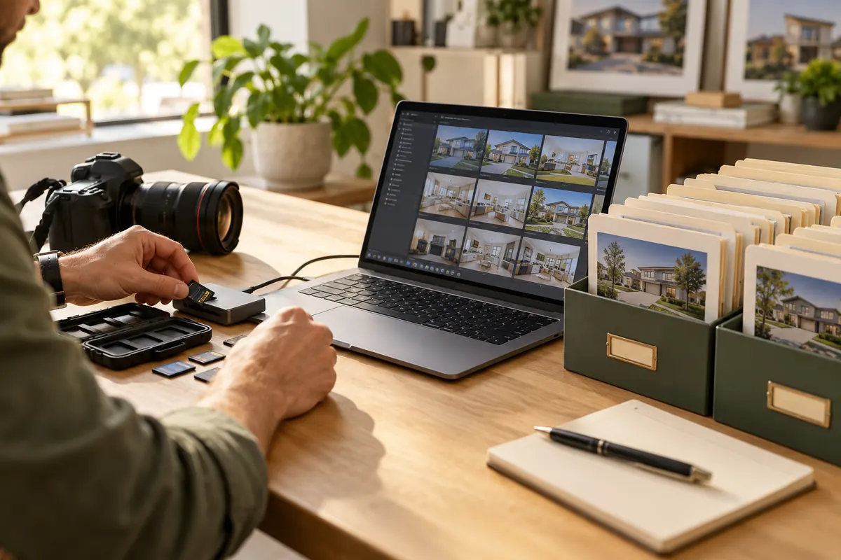 Photographer sorting memory cards and property source files for editing