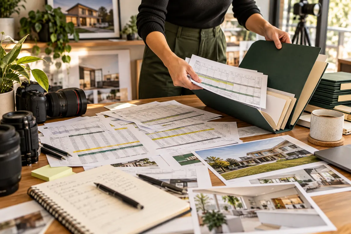 Crowded spreadsheet printouts and property job notes on a studio desk