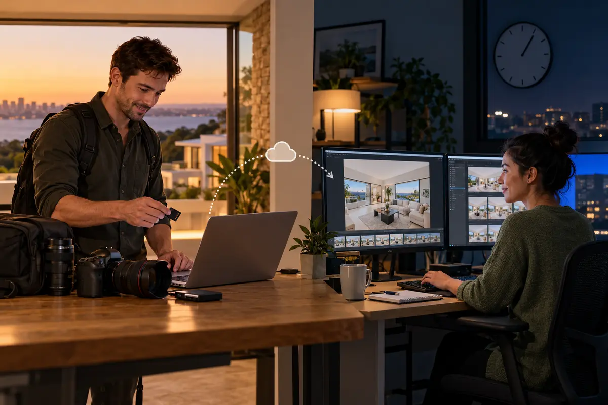 Evening photographer handoff transitioning to an overnight property photo editing workstation