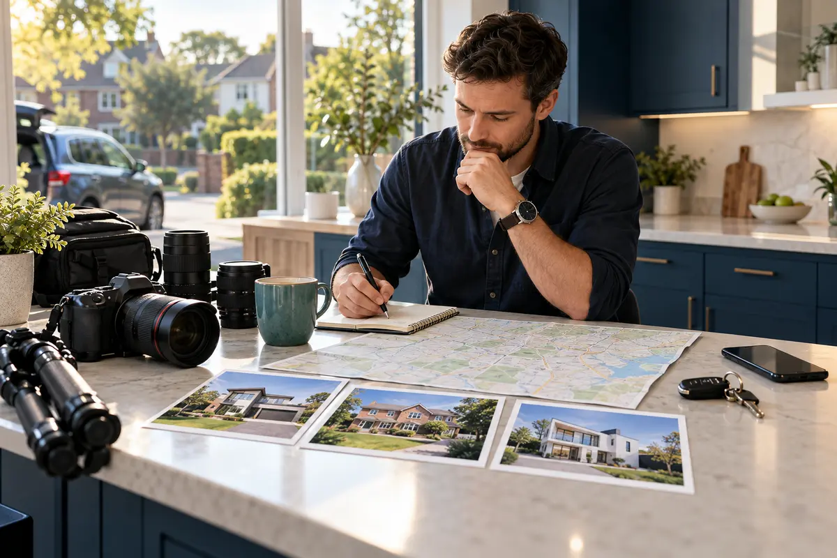 Property photographer planning a realistic day of shoots with equipment, route and appointment cards