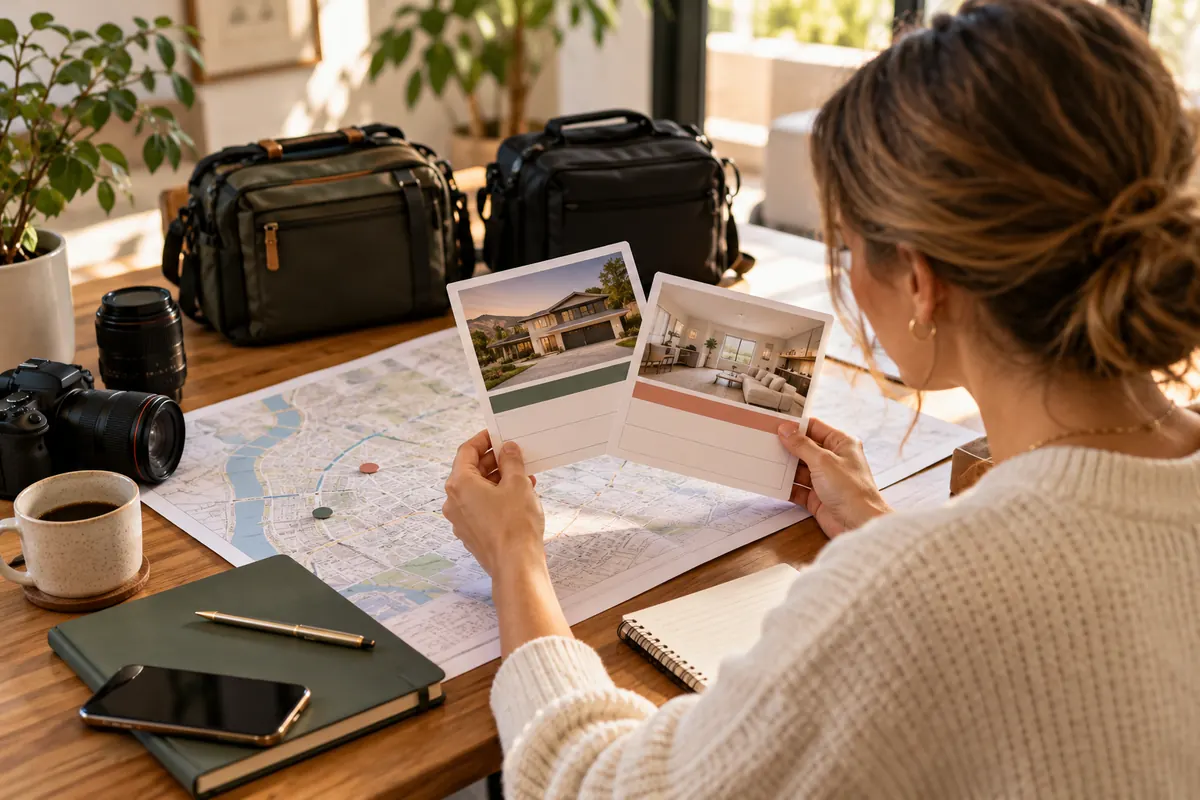 Coordinator checking overlapping appointment cards on a city map