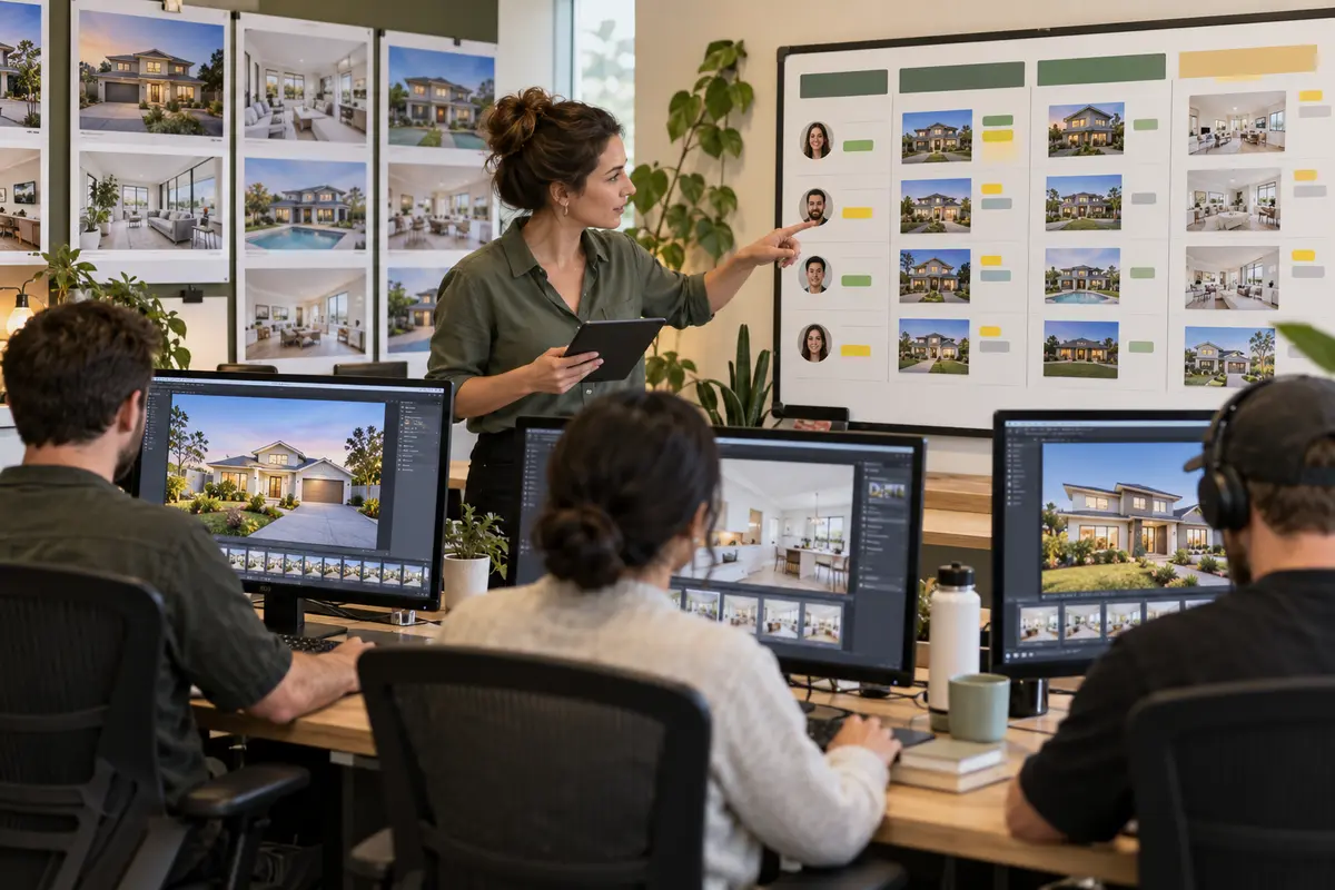 Production lead balancing a busy property editing queue across several editor workstations