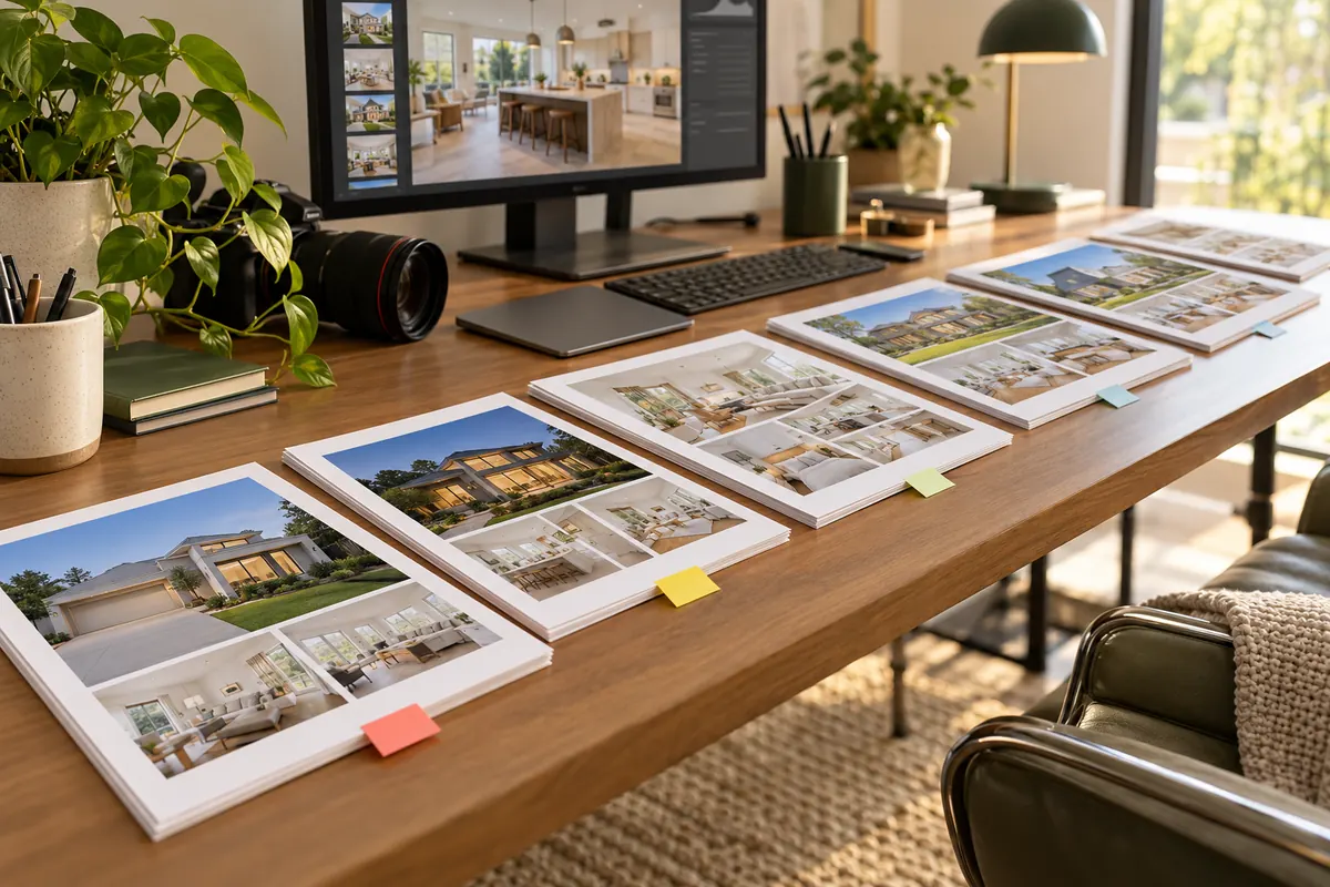 Ordered property photo contact sheets waiting at an editing workstation