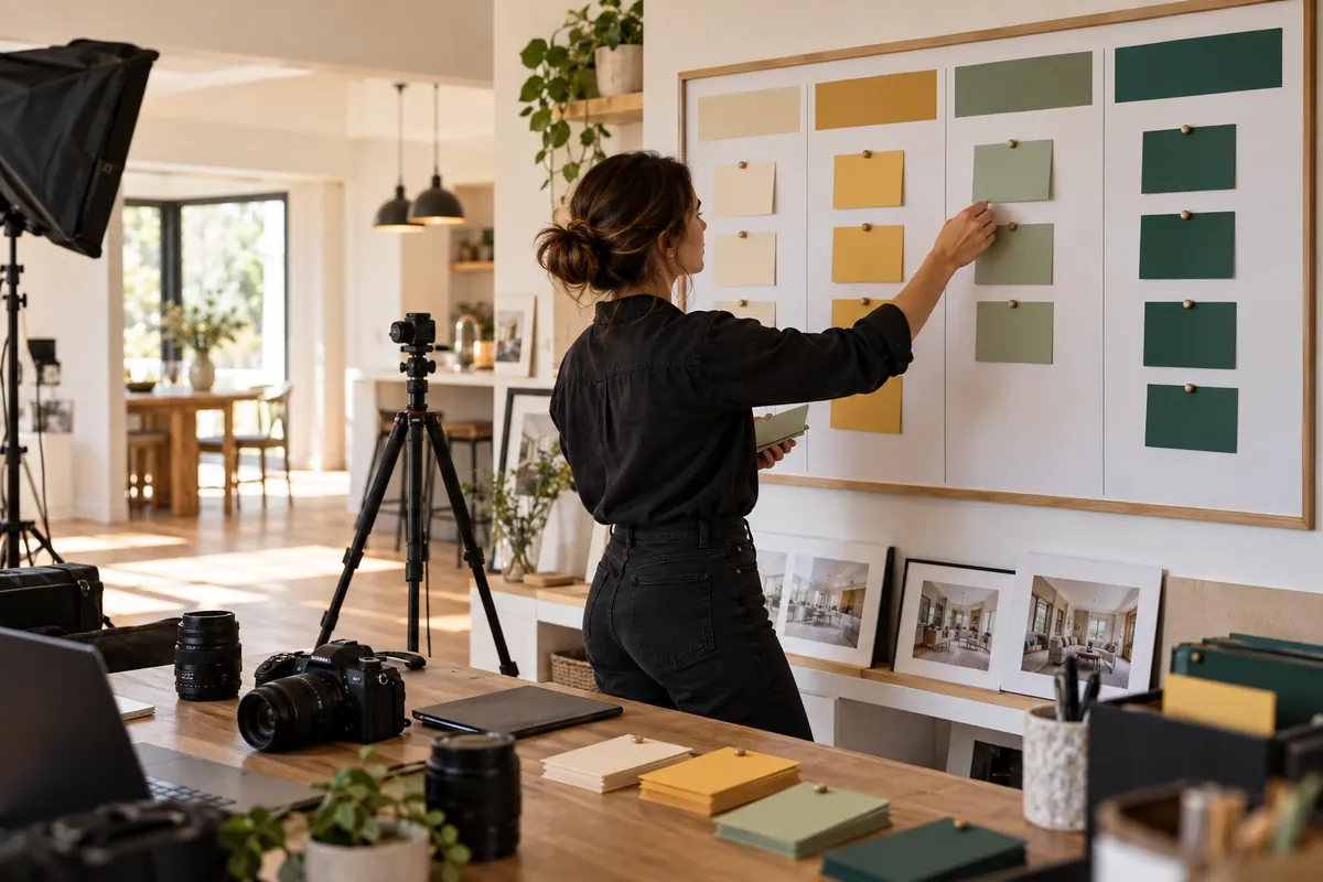 Property photography workflow board with color-coded job cards