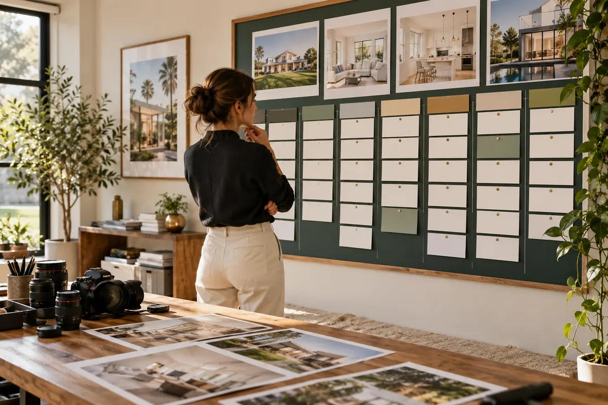 Coordinator reviewing a physical board of property media jobs
