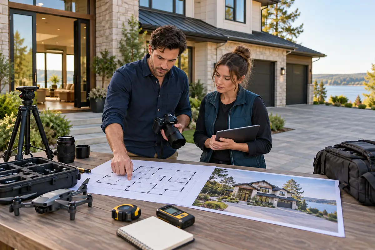 Property photographer and scheduler planning appointment time from a home brief and floor plan