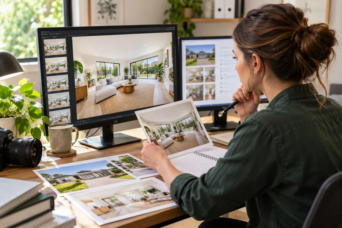 Quality reviewer inspecting an outsourced property photo submission against reference images