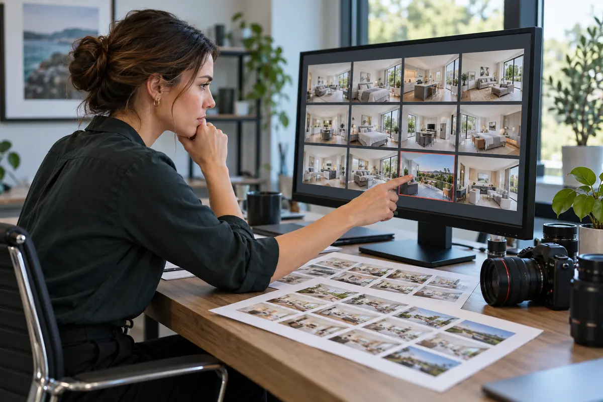 Quality reviewer comparing property photo edits with a job brief and contact sheet