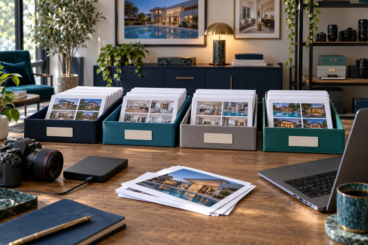 Organized property photography folders with separate source, working, review and approved media groups