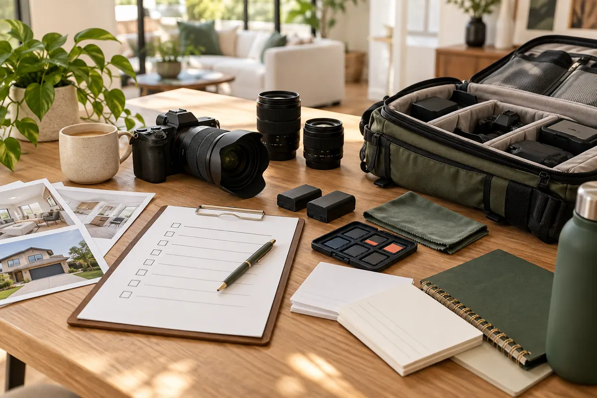 Weekly photography operations checklist beside camera equipment