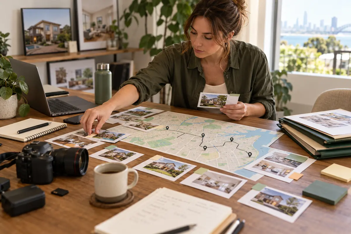 Coordinator rearranging property appointment cards while checking travel and production handoffs