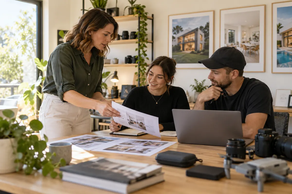 Studio owner sharing a property job brief with a coordinator and photographer