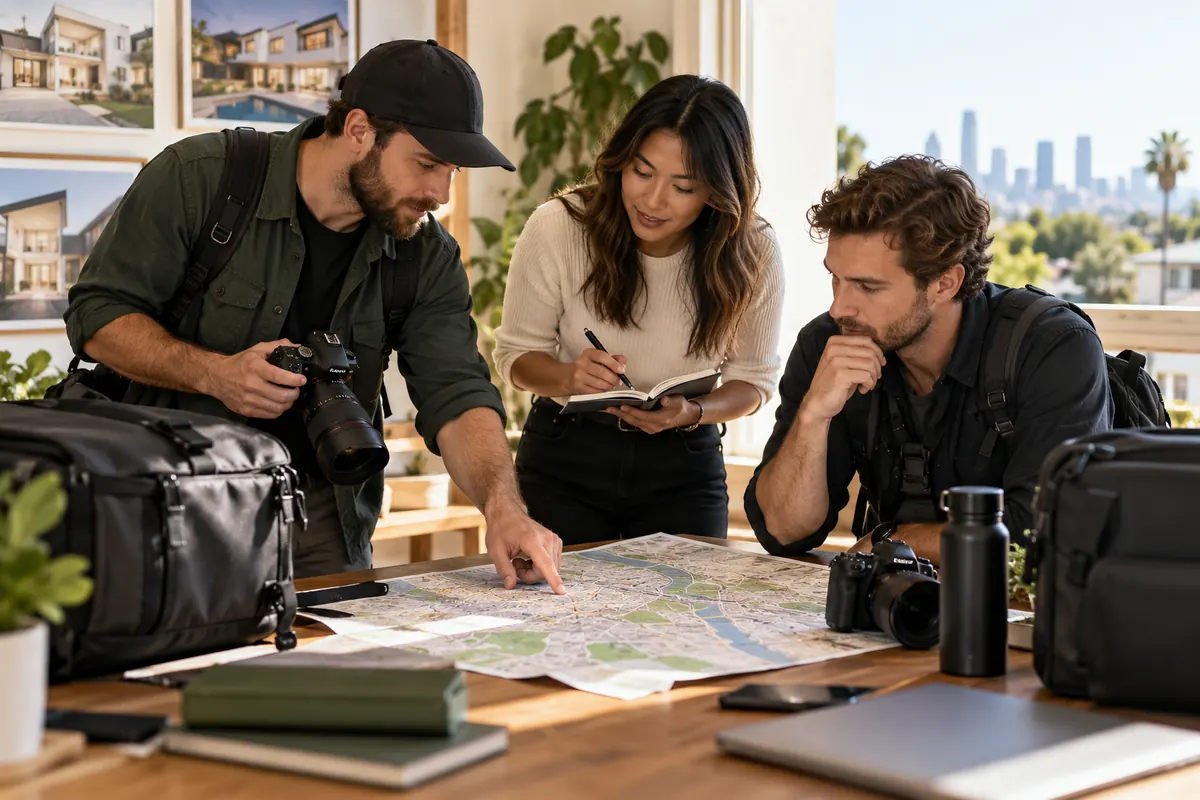 Photographers planning assignments together over a city map