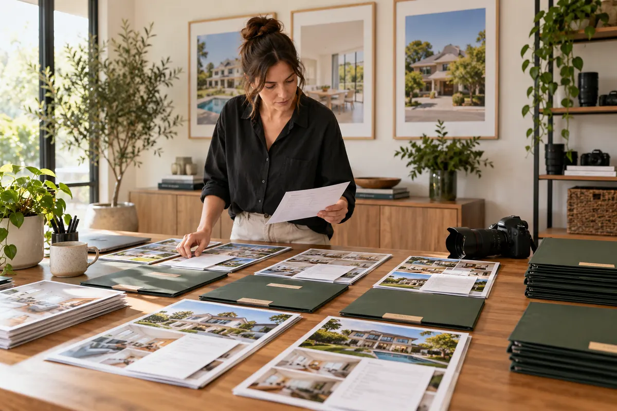 Coordinator sorting property job cards and photo contact sheets