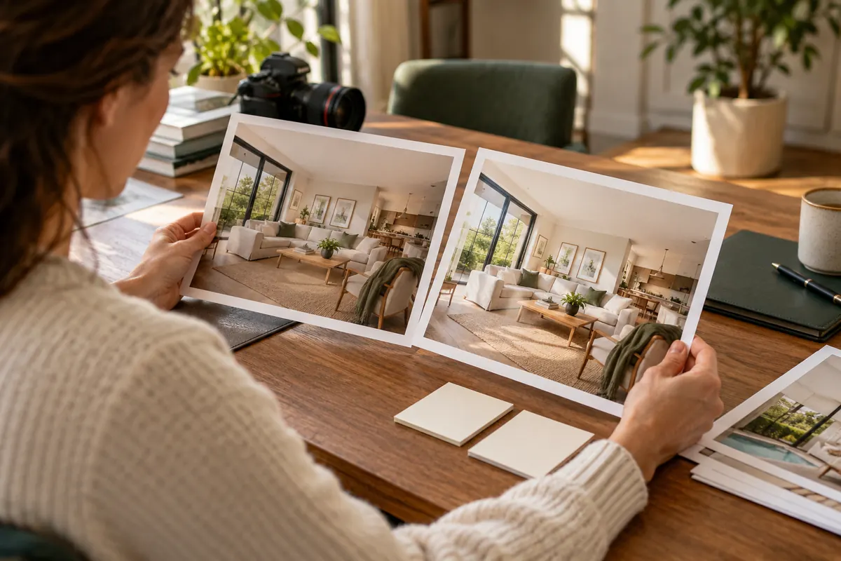 Editor comparing two versions of a property interior photograph