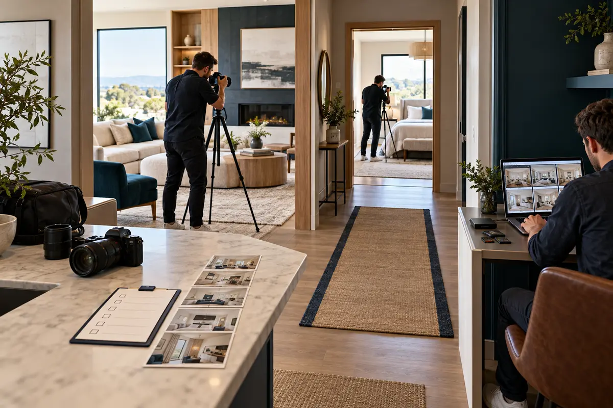 Two property photographers reviewing assignments and equipment with a studio coordinator