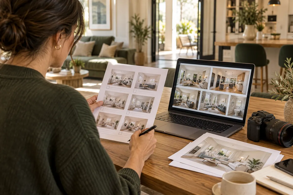 Reviewer checking residential photographs against a property shoot brief
