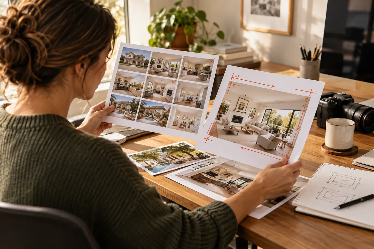 Editor reviewing marked-up property photo contact sheets