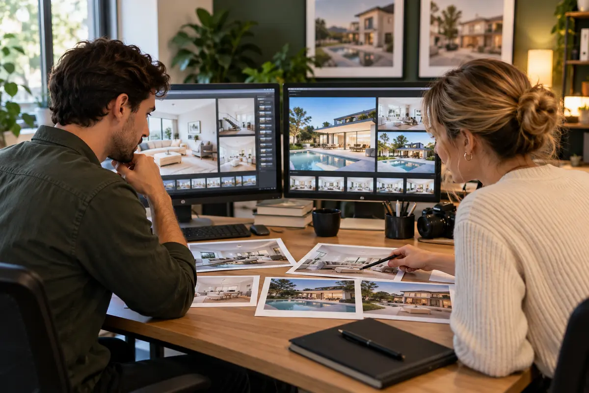 Two property photo editors comparing residential image sets with shared reference prints