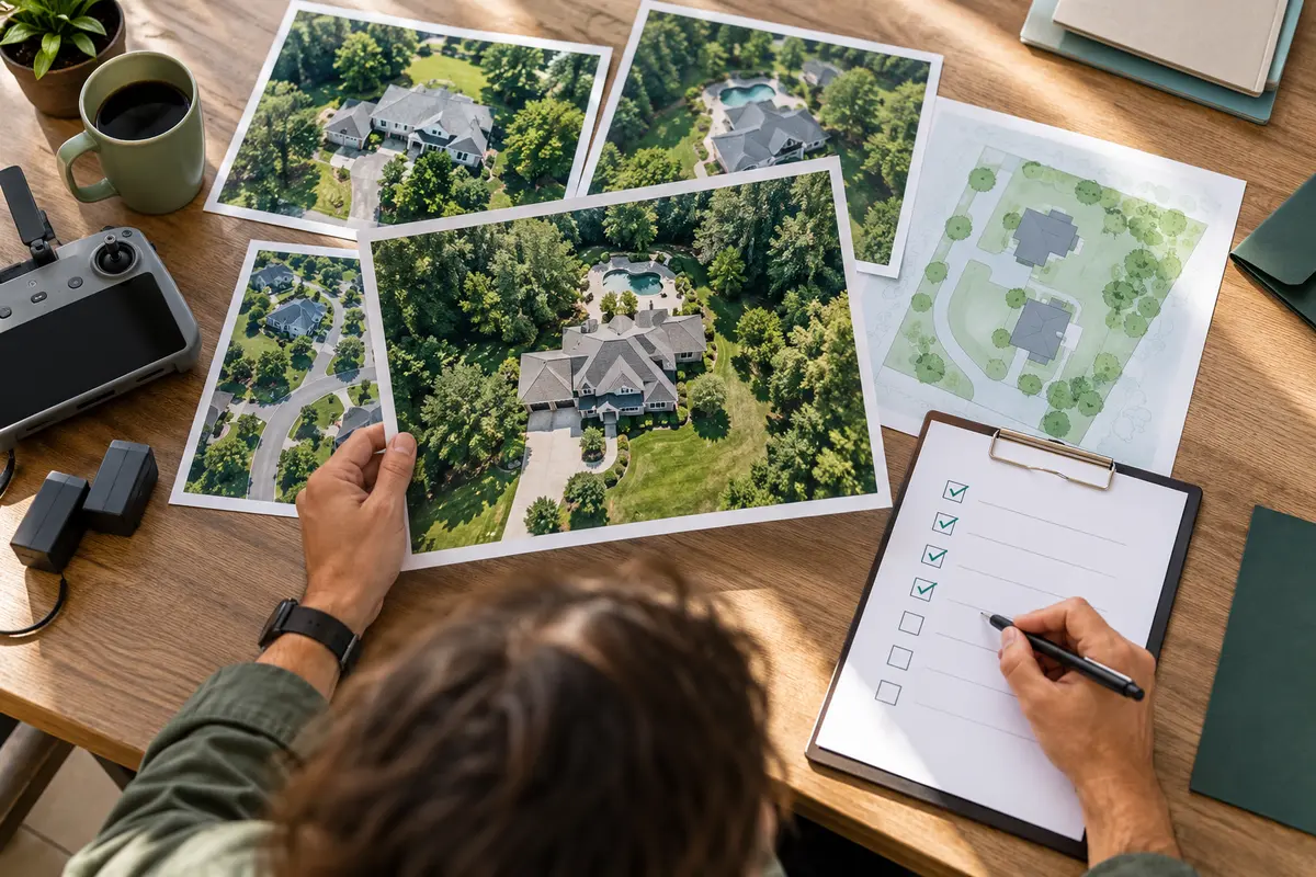 Reviewer comparing aerial property images, a site map and a drone delivery checklist