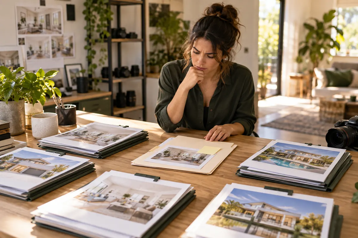 Coordinator reviewing an unfinished property job among completed media folders