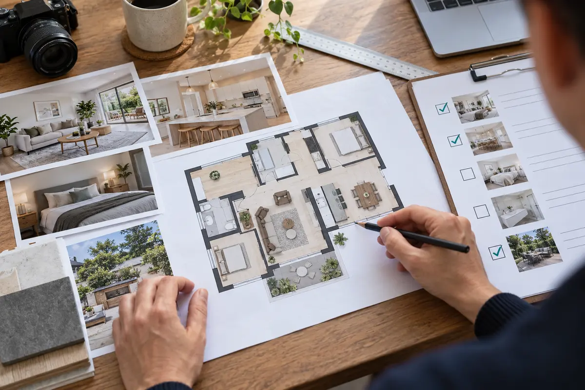 Property-media reviewer checking a residential floor plan, room labels and approval checklist