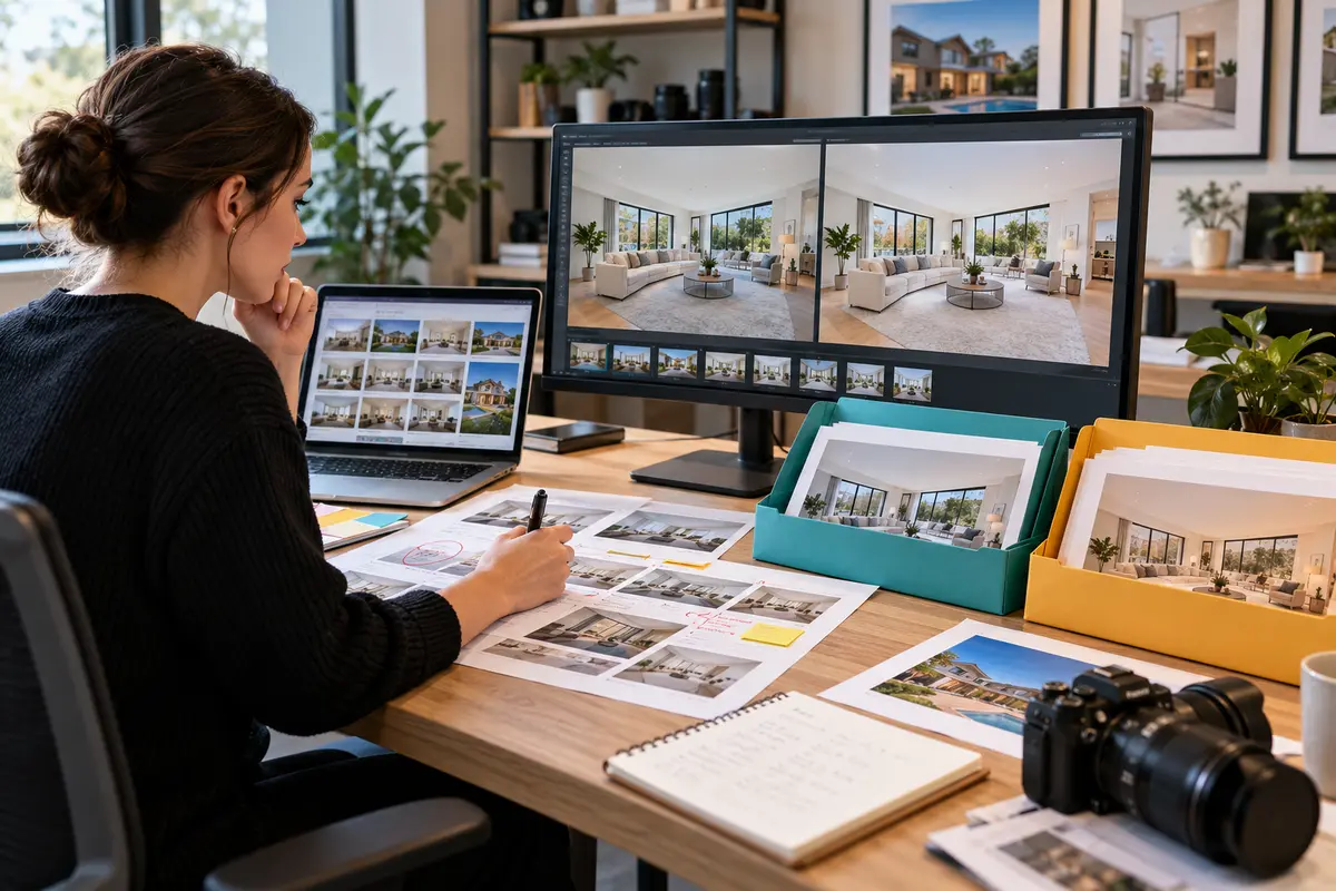Coordinator recording client revision notes beside a delivered property-media package and version history