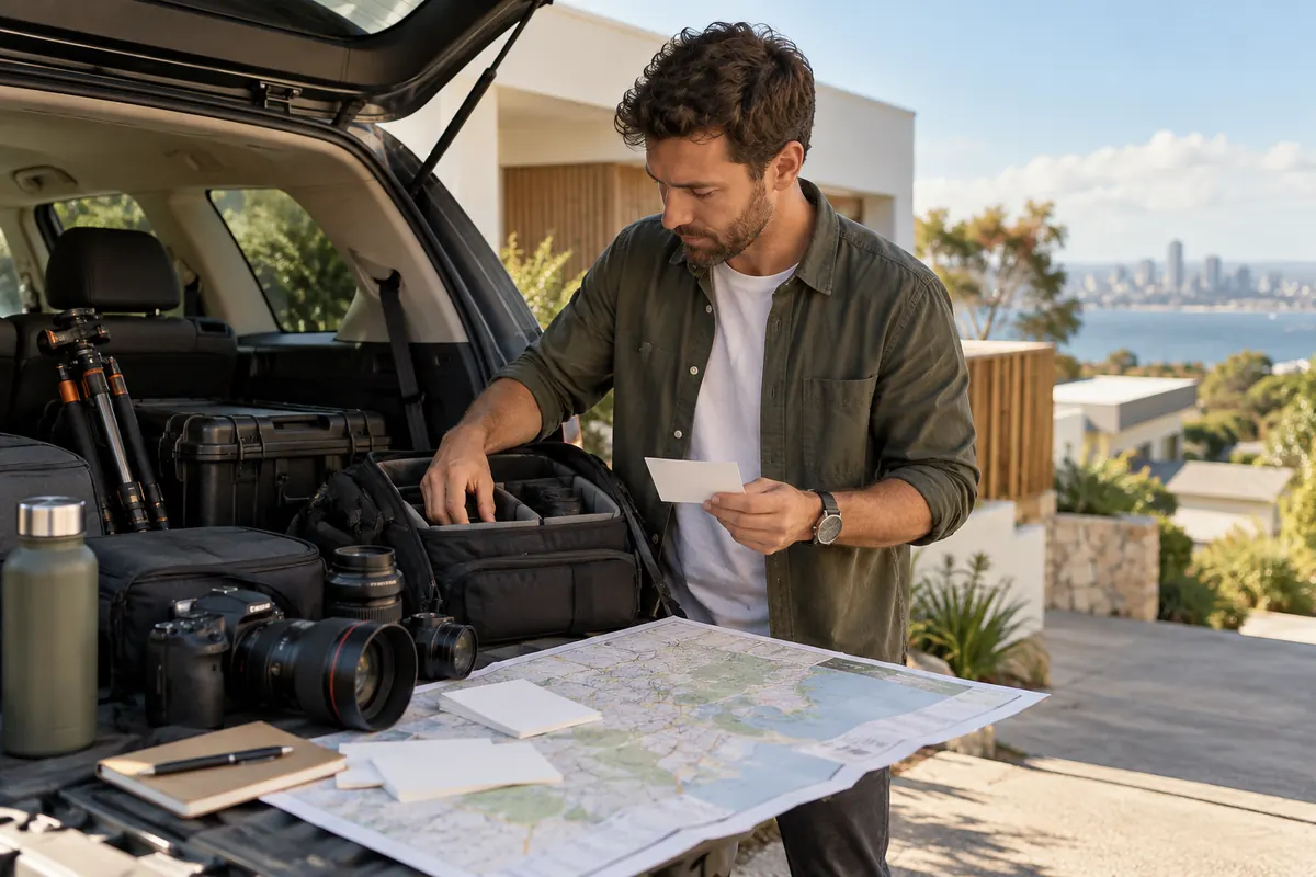 Photographer preparing camera bags and a route for several property shoots