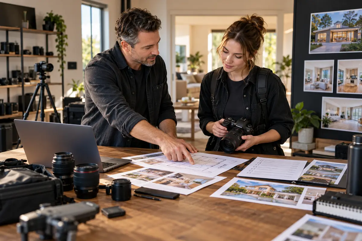 Production lead onboarding a property photographer with camera gear, job brief and upload checklist