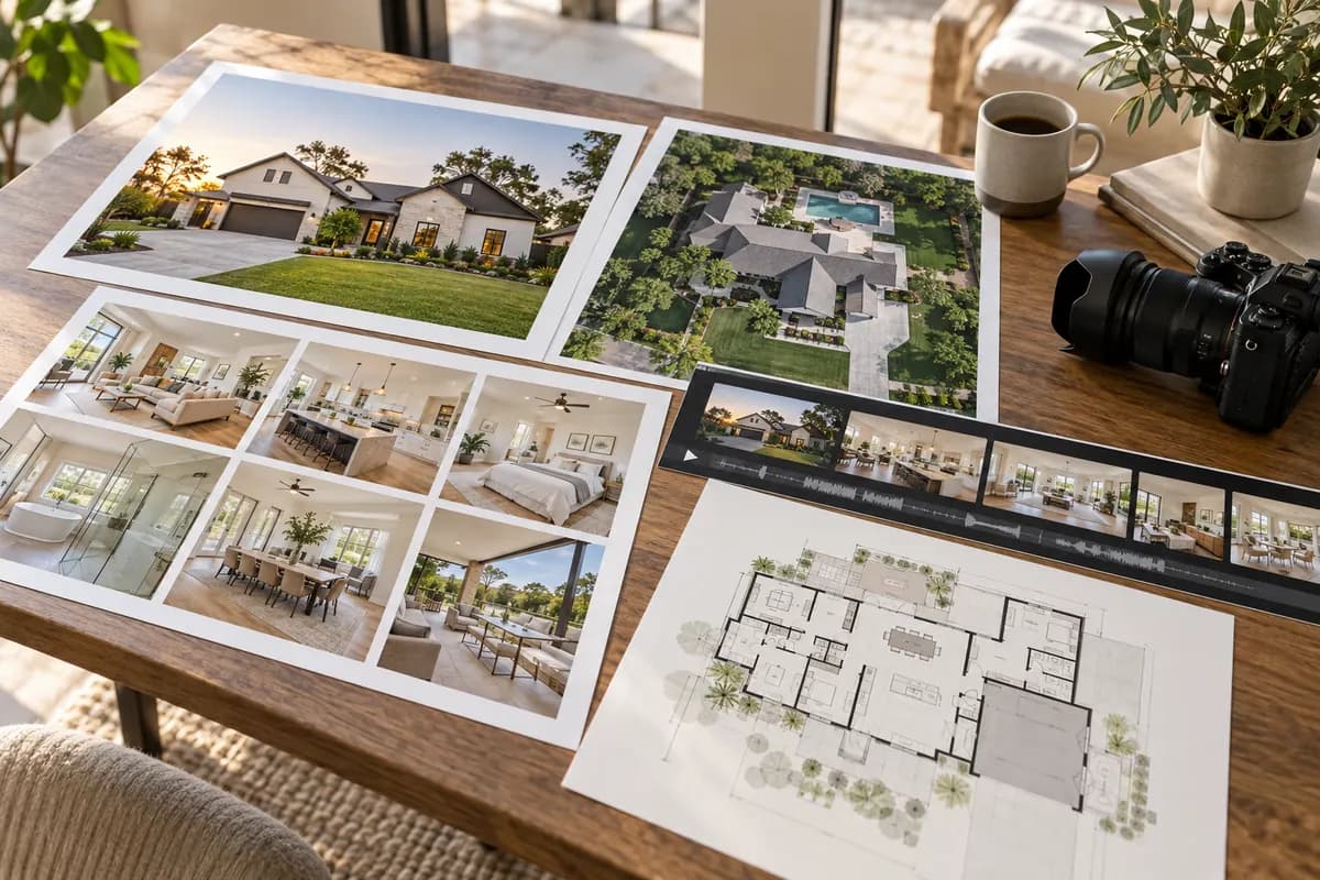 Property photo, aerial, video and floor-plan deliverables grouped together