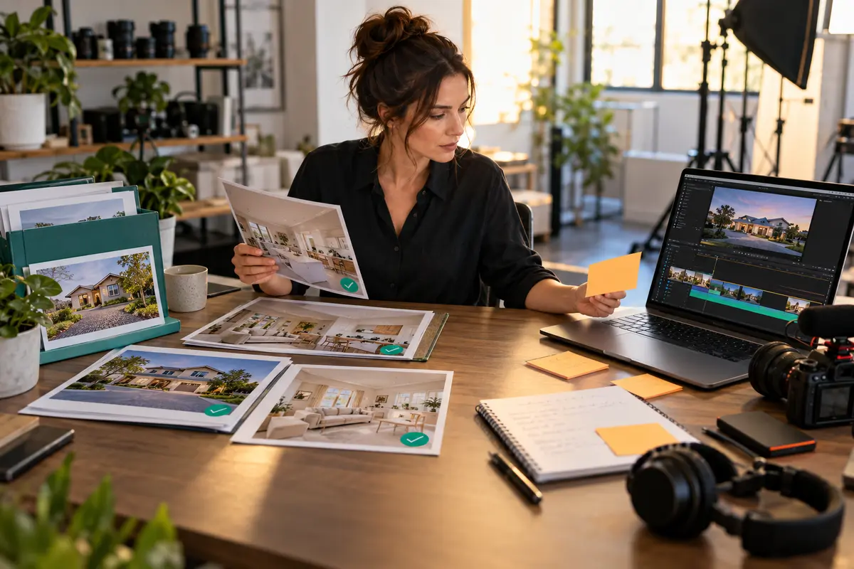 Delivery coordinator separating approved property photos from a video still in production