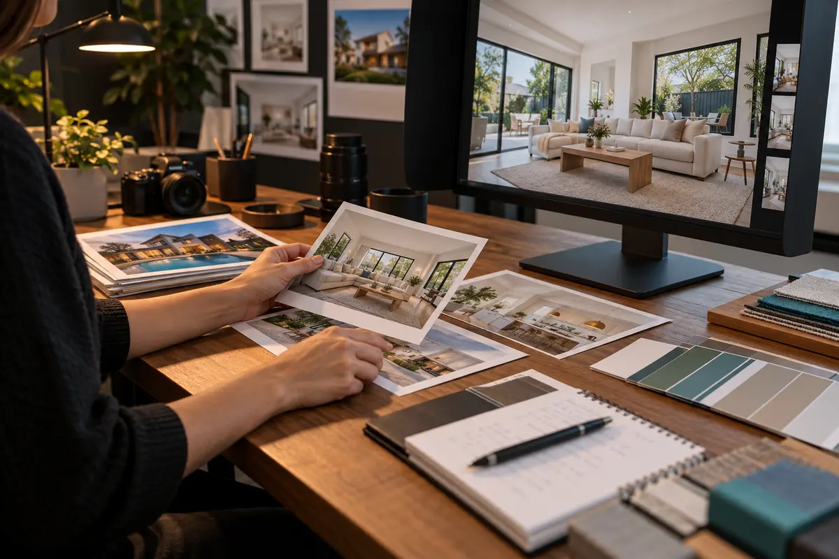 Editing lead arranging approved property image references and written style rules on a studio desk