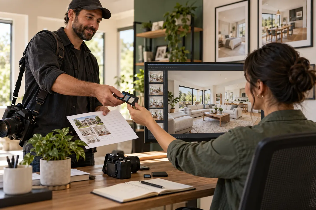 Photographer handing property images and a brief to an editor