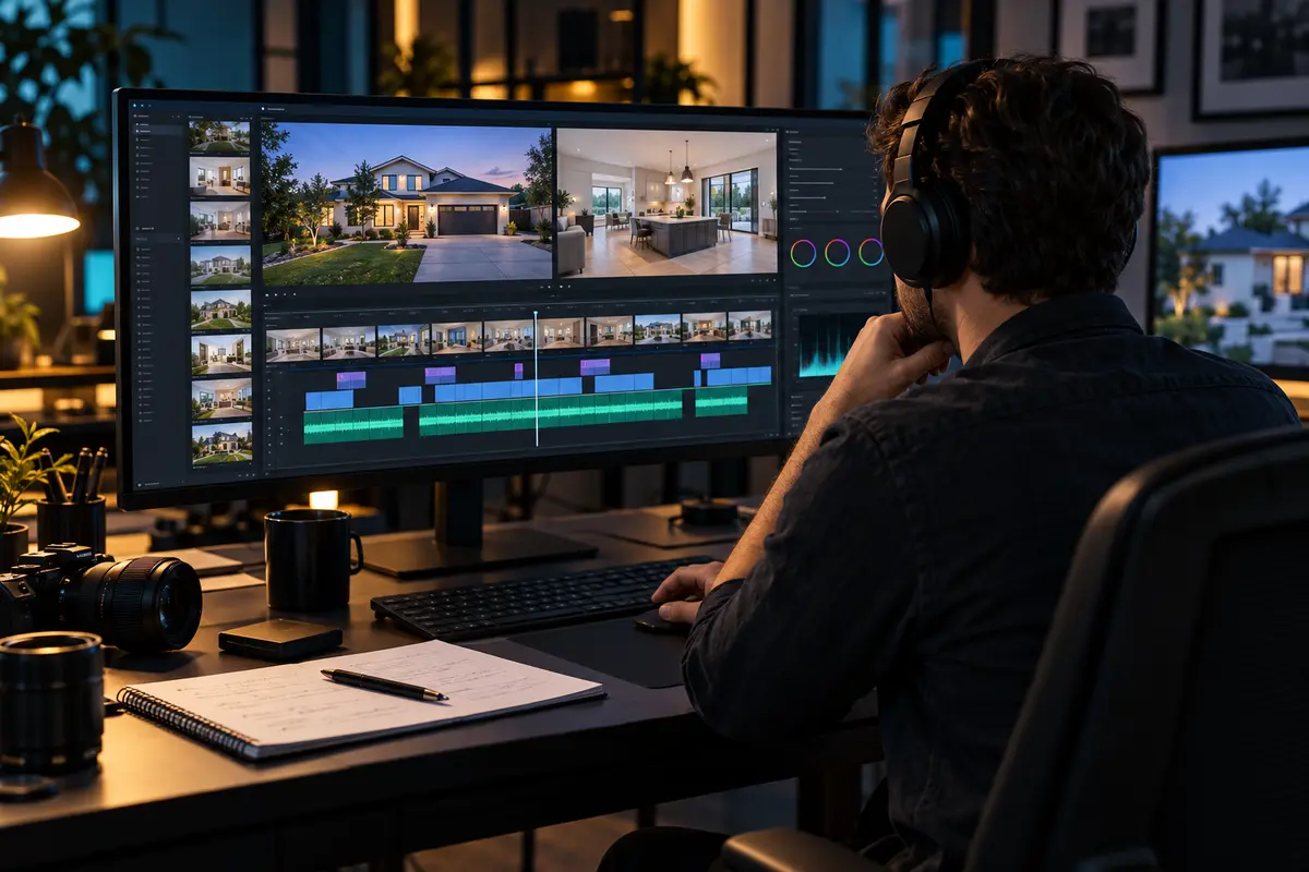 Video reviewer checking a residential property timeline, audio track and delivery checklist on dual monitors